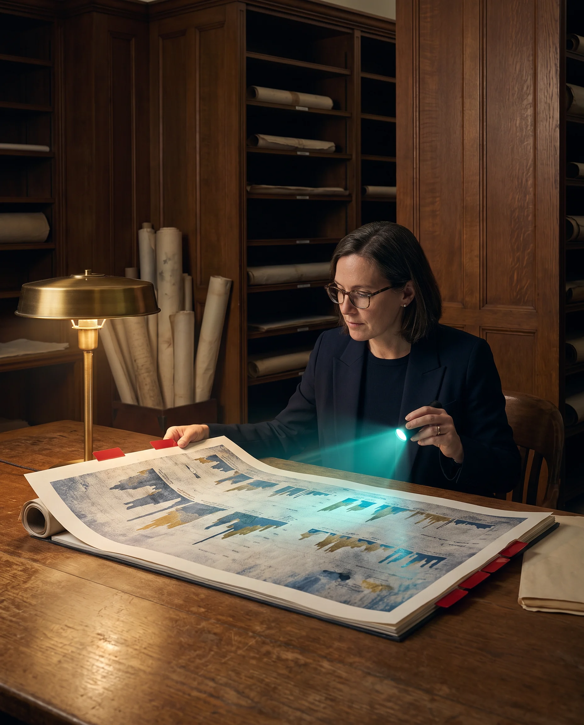 Researcher reading a large document in the archive room