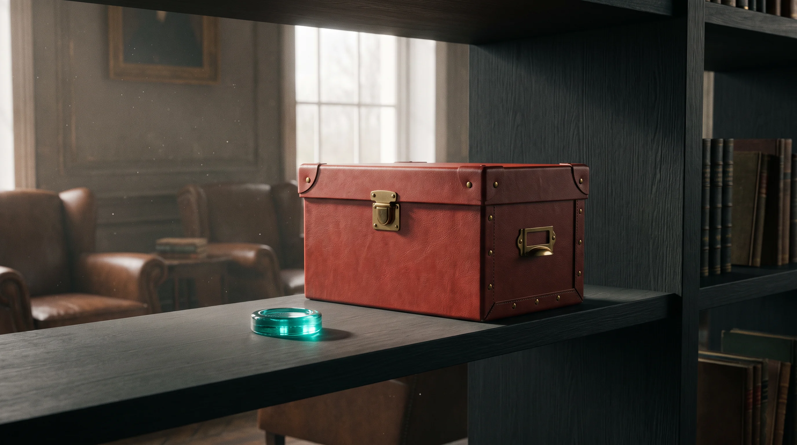 A closed red archive case on a dark work table