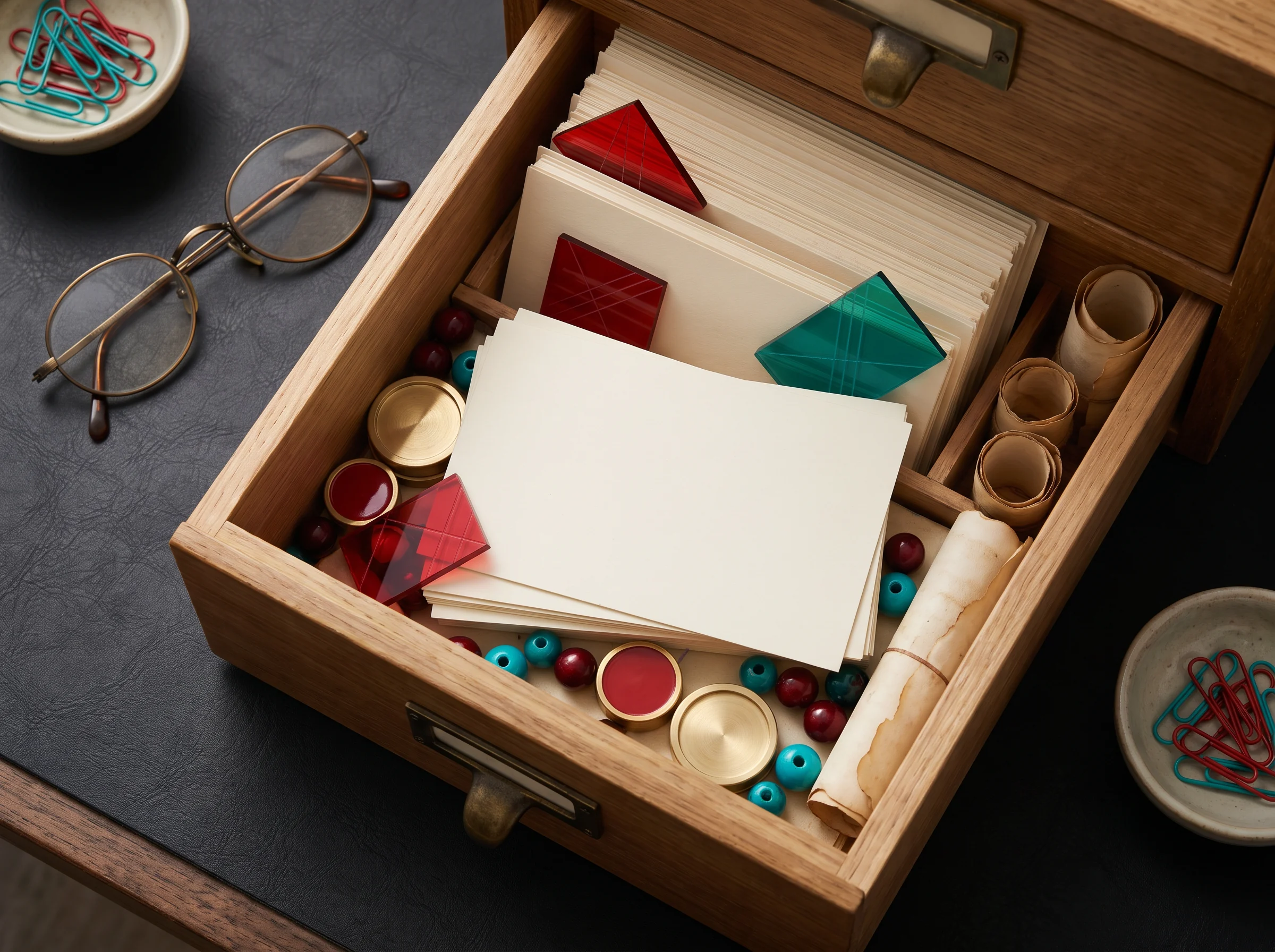An open archival field kit with papers, tags, and seals