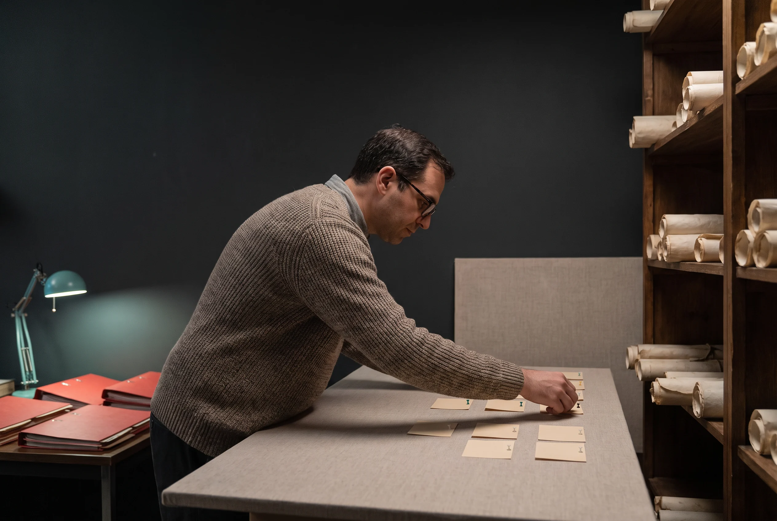 Researcher writing notes beside a set of archive shelves