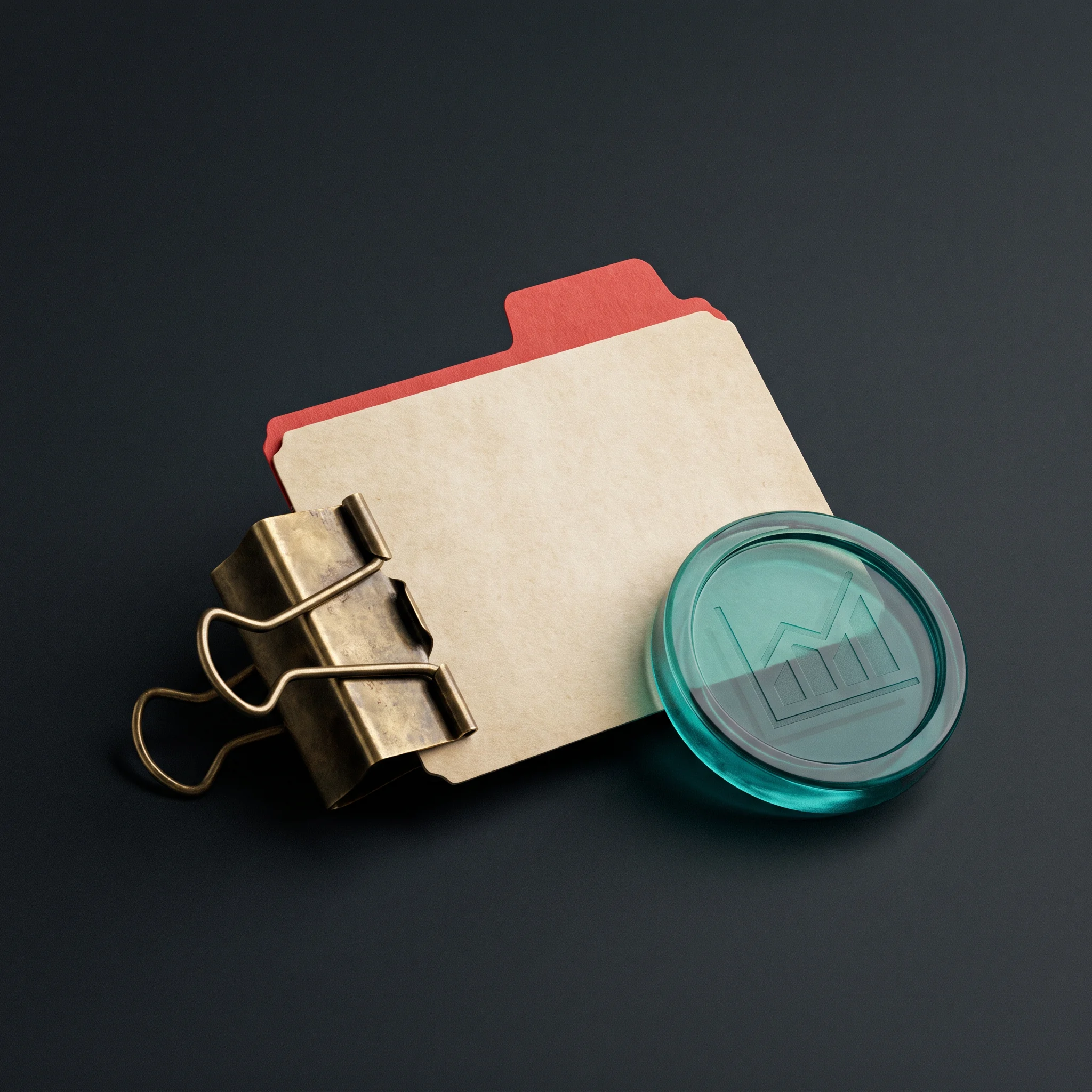 A clipped archival packet with a teal magnifier