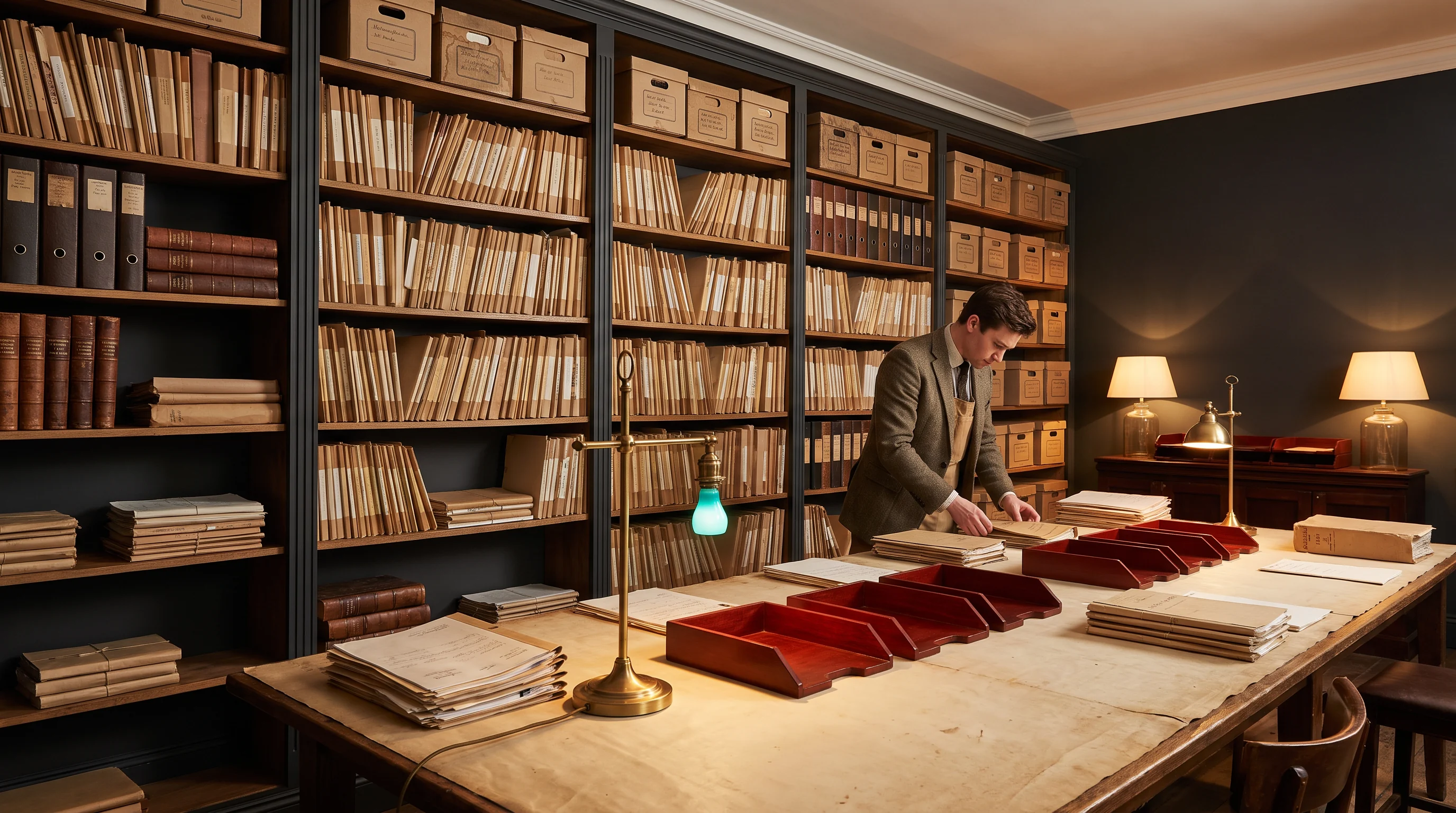 A warmly lit archive room with shelves, record boxes, and a research table