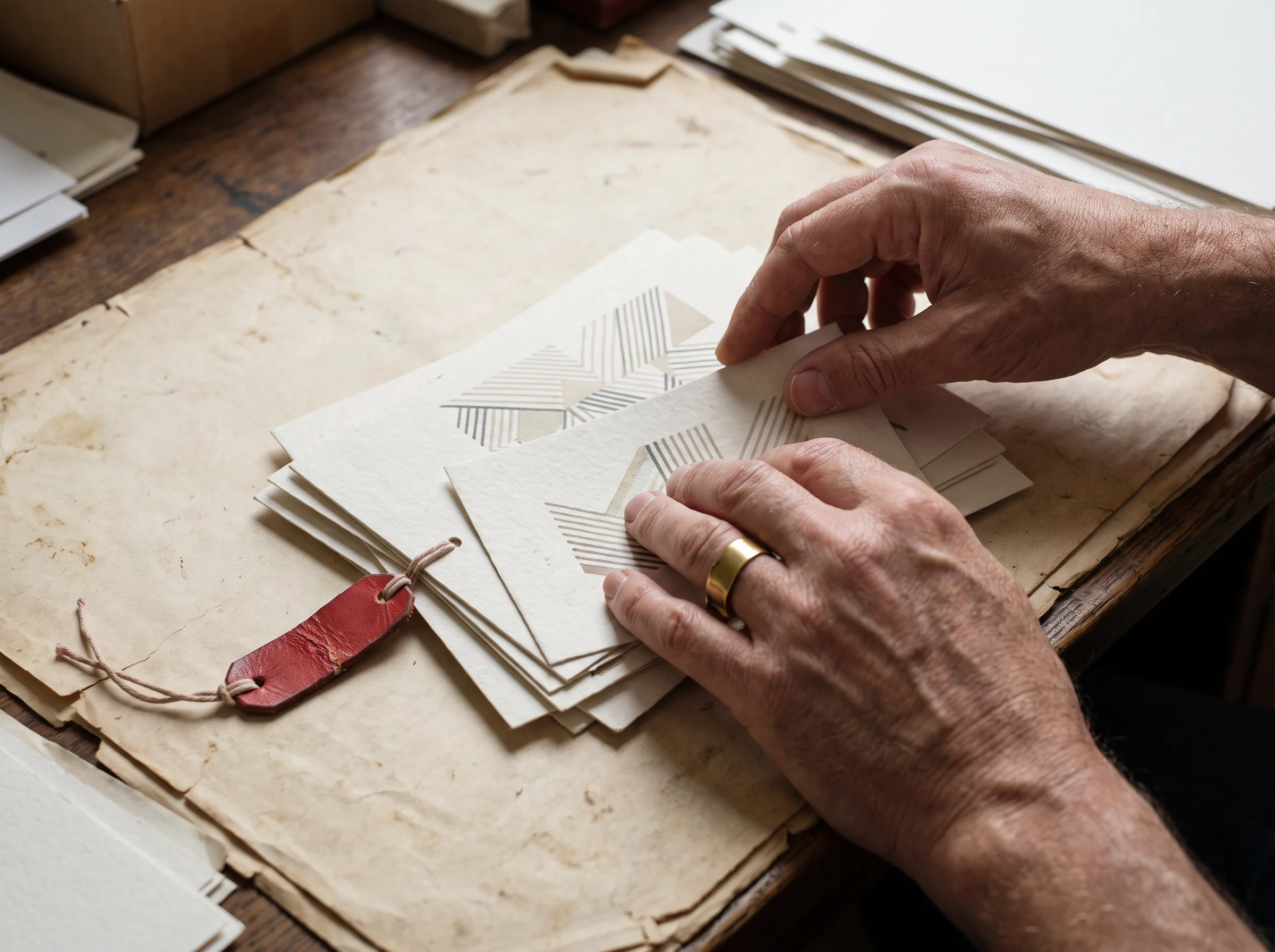 Hands arranging marked source cards on a work table