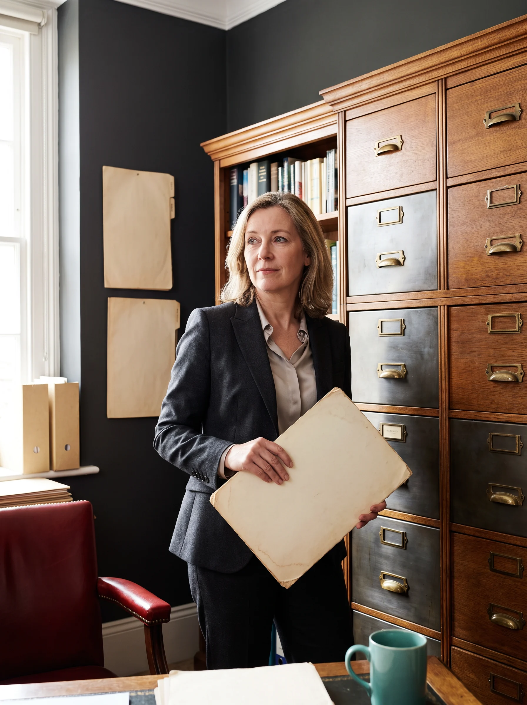 Archivist holding a document in front of a card catalogue